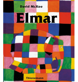 Buchcover von Elmar mit einem bunt karierten Elefanten vor schachbrettartigem Hintergrund.