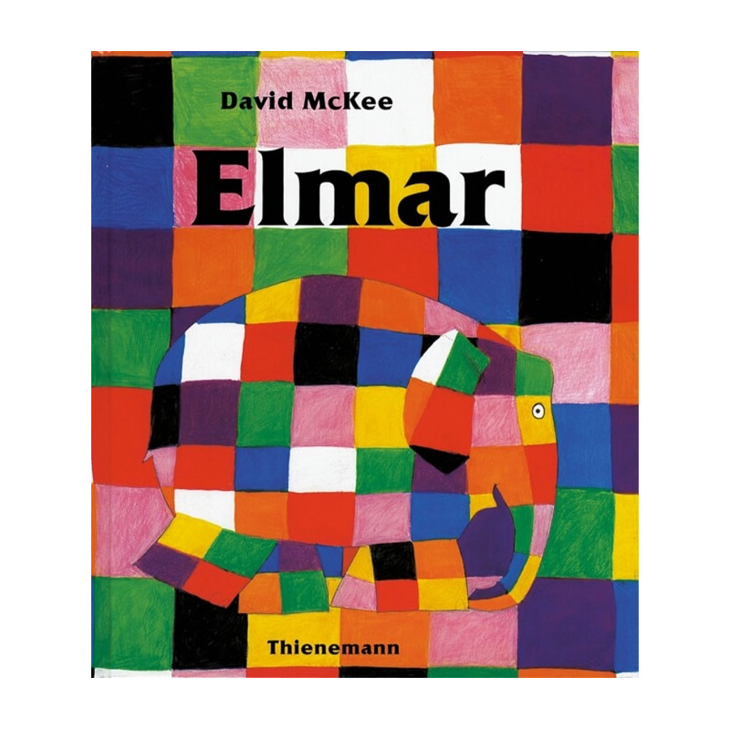 Buchcover von Elmar mit einem bunt karierten Elefanten vor schachbrettartigem Hintergrund.