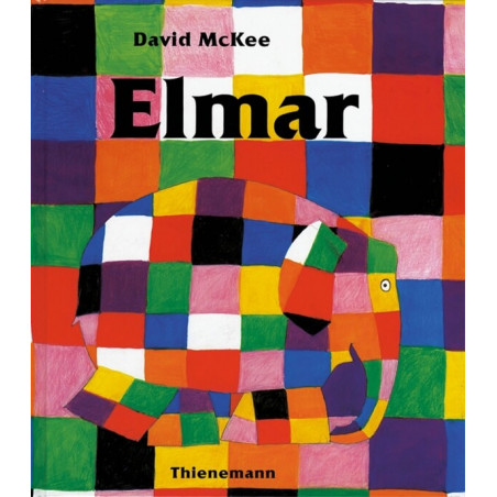 Buchcover von Elmar mit einem bunt karierten Elefanten vor schachbrettartigem Hintergrund.