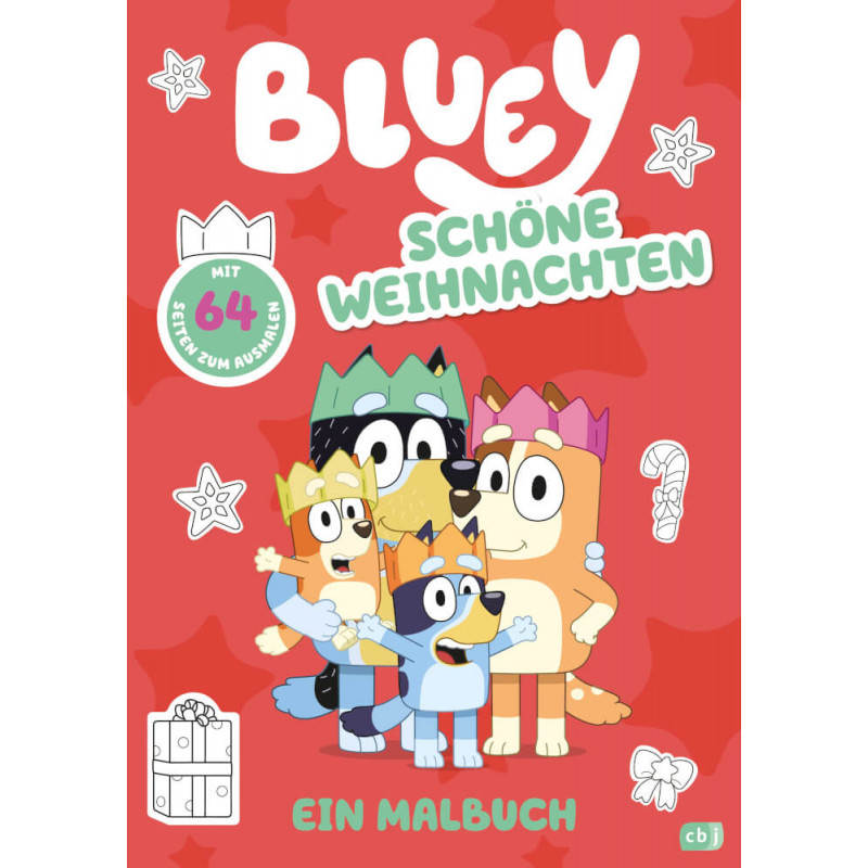 Bluey und ihre Familie mit Weihnachtsmützen auf rotem Buchcover mit Schöne Weihnachten und festlichen Symbolen.