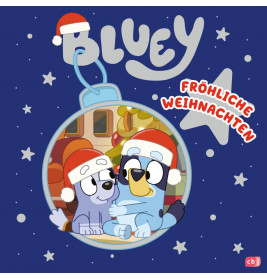 Bluey und Bingo mit Weihnachtsmützen umarmen sich in einer Kugel mit dem Schriftzug Fröhliche Weihnachten.