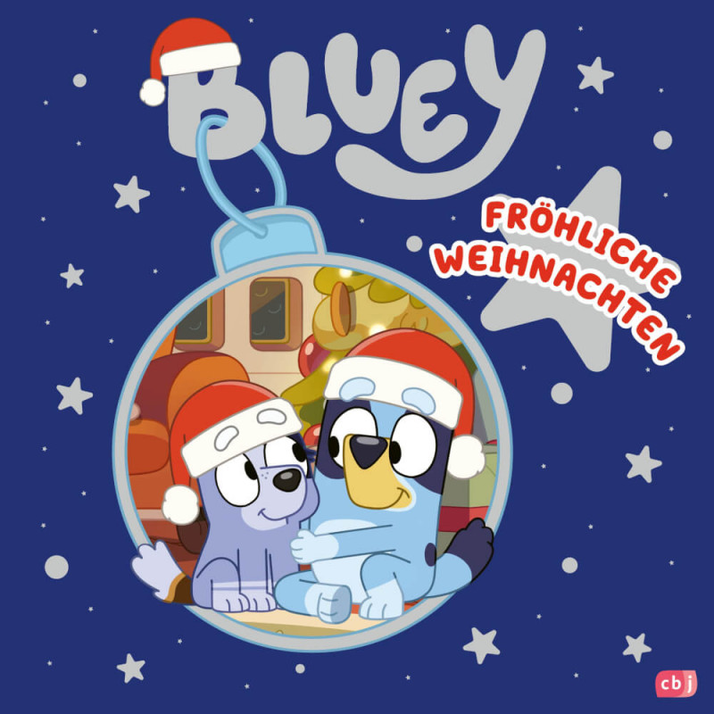 Bluey und Bingo mit Weihnachtsmützen umarmen sich in einer Kugel mit dem Schriftzug Fröhliche Weihnachten. Bluey und Bingo mit Weihnachtsmützen umarmen sich in einer Kugel mit dem Schriftzug Fröhliche Weihnachten.