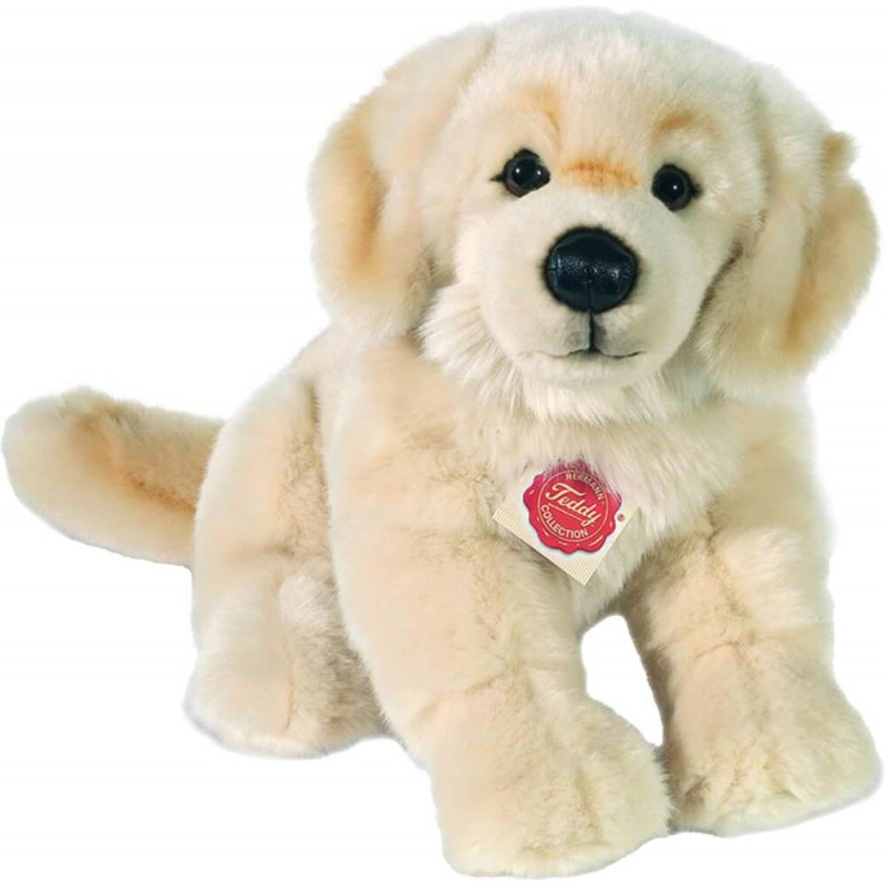 Plüsch-Golden Retriever von Teddy Hermann sitzt aufrecht vor weißem Hintergrund.