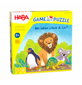 Bunte Brettspielschachtel mit Löwe, Pinguin, Schildkröte und Lemur Beschriftung auf Deutsch.