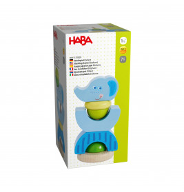 HABA Stapelspiel Elefant: Spielschachtel mit blauem Elefanten und bunten Stapelteilen.