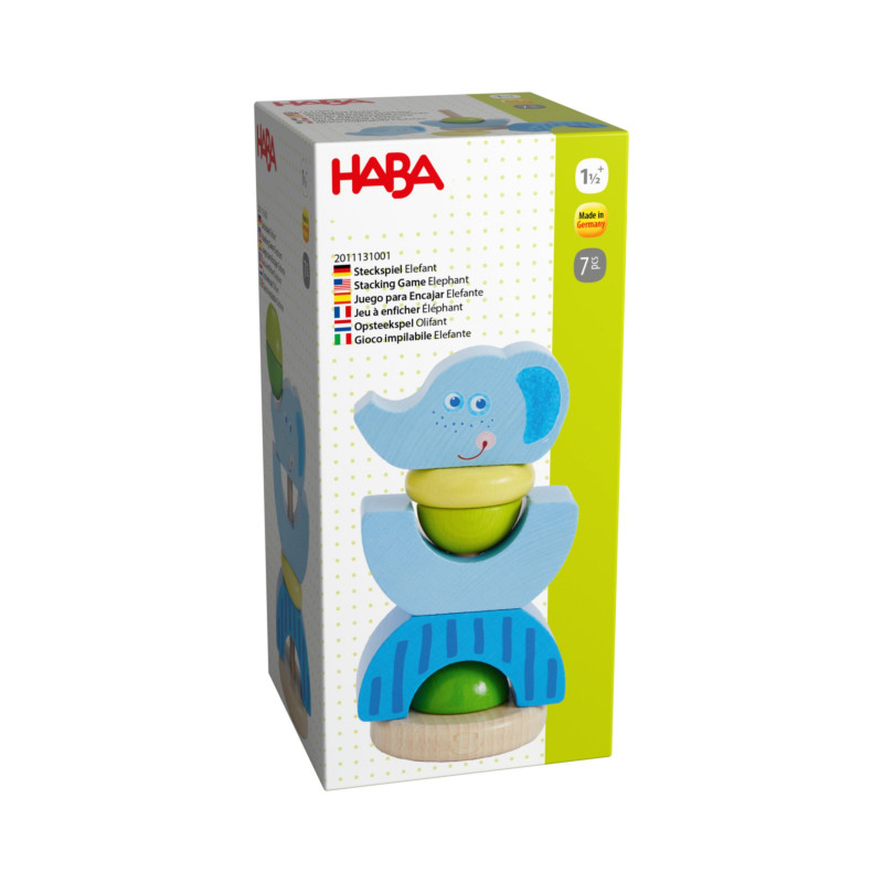HABA Stapelspiel Elefant: Spielschachtel mit blauem Elefanten und bunten Stapelteilen. HABA Stapelspiel Elefant: Spielschachtel mit blauem Elefanten und bunten Stapelteilen.
