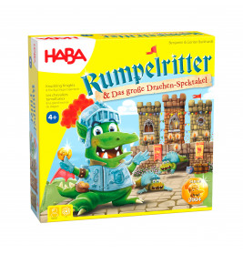 Bunte HABA-Spieleschachtel mit Drachenritter vor einer Burg, geeignet für Kinder ab 4 Jahren.