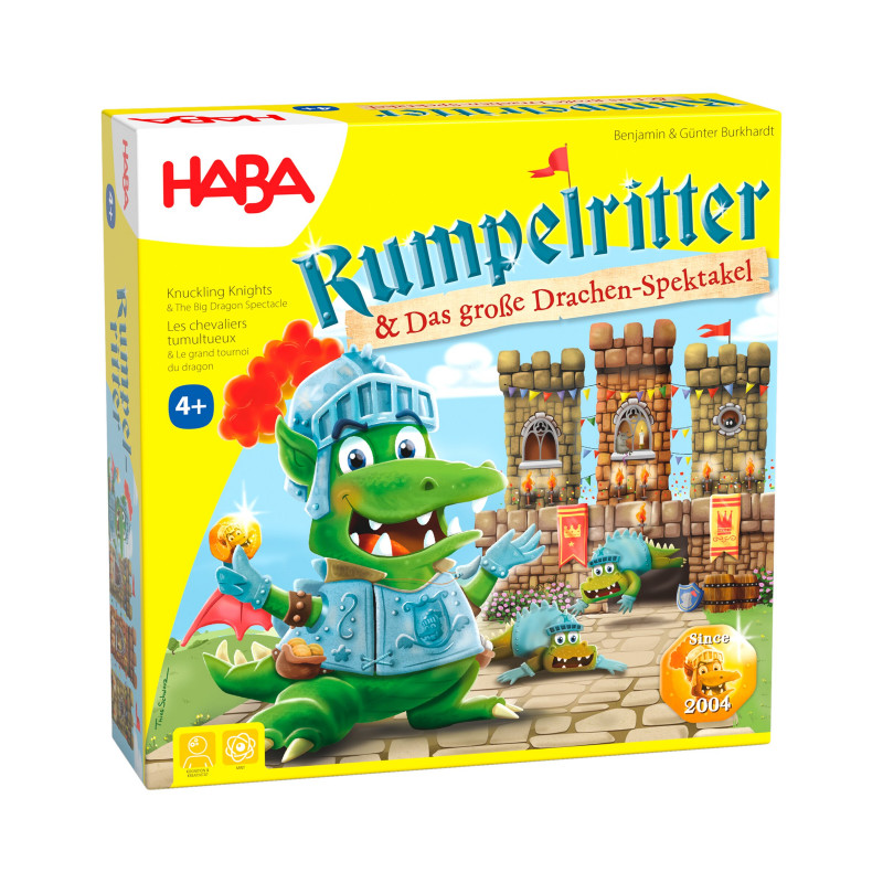 Bunte HABA-Spieleschachtel mit Drachenritter vor einer Burg, geeignet für Kinder ab 4 Jahren. Bunte HABA-Spieleschachtel mit Drachenritter vor einer Burg, geeignet für Kinder ab 4 Jahren.