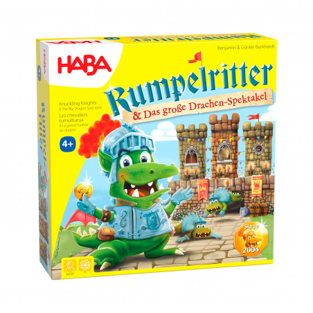 Bunte HABA-Spieleschachtel mit Drachenritter vor einer Burg, geeignet für Kinder ab 4 Jahren.