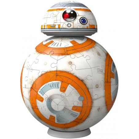 Eine runde BB-8-Droidenfigur aus weißen, orange-grauen Puzzle-Teilen.