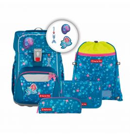 Blaues Schulranzen-Set mit Meerjungfrau- und Meermotiv, bestehend aus Rucksack, Federmäppchen, Turnbeutel und Zubehör.
