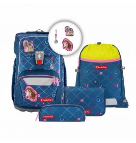 Blaues Schulranzen-Set mit Pferdepatches, Federmäppchen, Turnbeutel und Geldbörse, alles mit rosa Akzenten.