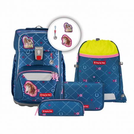Blaues Schulranzen-Set mit Pferdepatches, Federmäppchen, Turnbeutel und Geldbörse, alles mit rosa Akzenten.