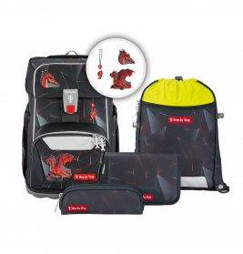 Schulranzen-Set mit Drachenmotiv in Schwarz-Rot: Rucksack, Mäppchen, Geldbörse, Turnbeutel und Schlüsselanhänger.