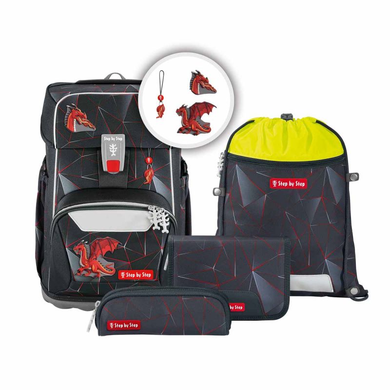 Schulranzen-Set mit Drachenmotiv in Schwarz-Rot: Rucksack, Mäppchen, Geldbörse, Turnbeutel und Schlüsselanhänger.