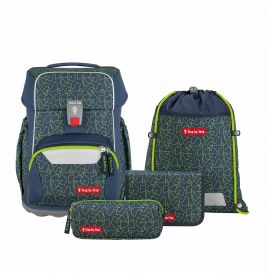 Vierteiliges Schulranzen-Set mit grünem, geometrischem Muster: Rucksack, Turnbeutel und zwei Mäppchen.