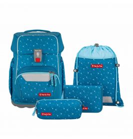 Fünfteiliges blaues Schulranzen-Set mit einheitlichem Muster: Rucksack, Turnbeutel und Federmäppchen.