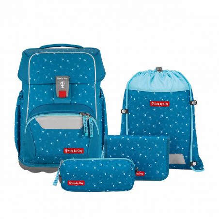 Fünfteiliges blaues Schulranzen-Set mit einheitlichem Muster: Rucksack, Turnbeutel und Federmäppchen.