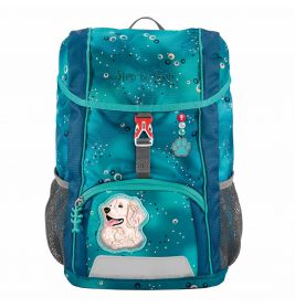 Türkiser Rucksack mit Hundemotiv, Pfotenanhänger und seitlichen Netztaschen.