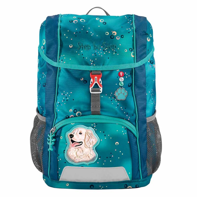 Türkiser Rucksack mit Hundemotiv, Pfotenanhänger und seitlichen Netztaschen. Türkiser Rucksack mit Hundemotiv, Pfotenanhänger und seitlichen Netztaschen.