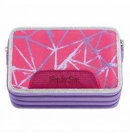 Rechteckiges rosa-lila Etui mit silbernen Linien und glitzerndem Rand.