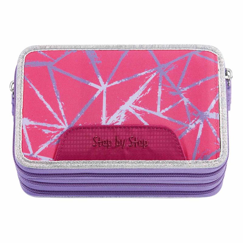 Rechteckiges rosa-lila Etui mit silbernen Linien und glitzerndem Rand.