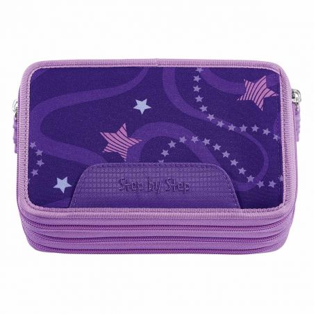 Lila Federmäppchen mit rosa Sternen, weißen Wellenlinien, Reißverschluss und Step by Step-Schriftzug.