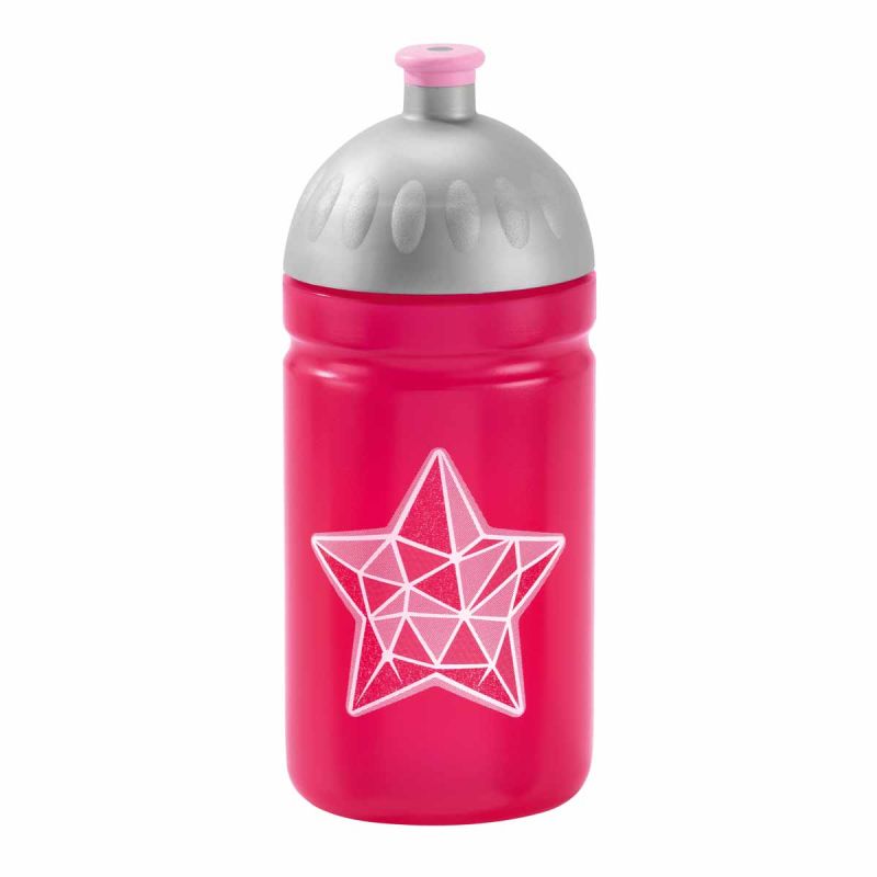 Rosa Trinkflasche mit geometrischem Sternmuster, silbernem Deckel und pinkem Trinkverschluss. Rosa Trinkflasche mit geometrischem Sternmuster, silbernem Deckel und pinkem Trinkverschluss.