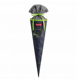 Schultüte in Kegelform mit grünem Panthermotiv, oben mit grünem Band und grauem Stoff verschlossen.