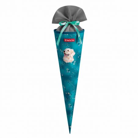 Türkise, kegelförmige Geschenktüte mit Hundemotiv, Blasenmuster und grauem Stoffverschluss mit Schleife.