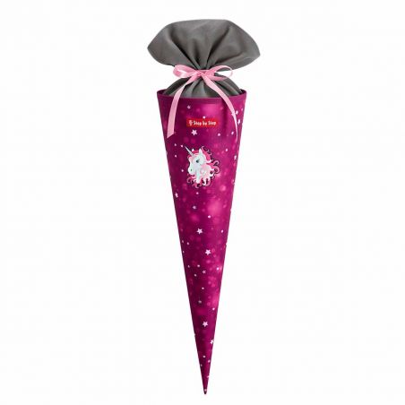 Pinke Schultüte mit Einhornmotiv, Sternenmuster und grauem Abschluss, mit rosa Schleife gebunden.