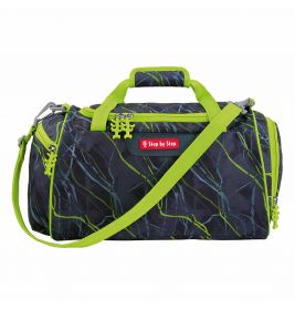 Schwarze und grüne Sporttasche mit abstraktem Muster, grünen Henkeln, Schulterriemen und Step by Step-Label.