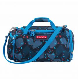 Blaue und schwarze Sporttasche mit geometrischem Muster, blauen Reißverschlüssen und blauem Schultergurt.