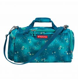 Türkise Sporttasche mit blauem Gurt, buntem Punktmuster und Step by Step-Logo auf der Vorderseite.