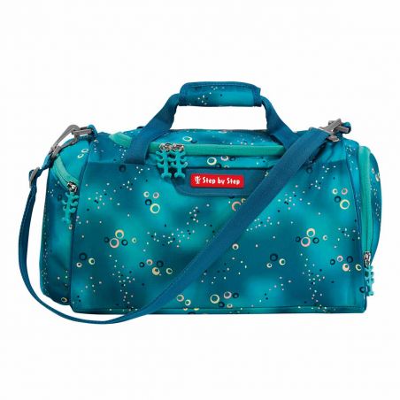 Türkise Sporttasche mit blauem Gurt, buntem Punktmuster und Step by Step-Logo auf der Vorderseite.
