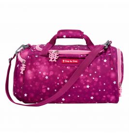 Pinkfarbene Sporttasche mit Sternenmuster, Tragegriff oben und verstellbarem Schultergurt.