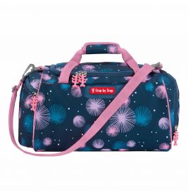 Blaue Sporttasche mit pinken Henkeln, Riemen und pink-weißen Sternchenmustern.