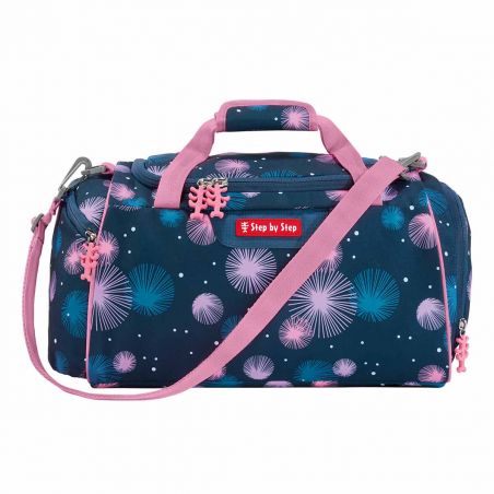 Blaue Sporttasche mit pinken Henkeln, Riemen und pink-weißen Sternchenmustern.