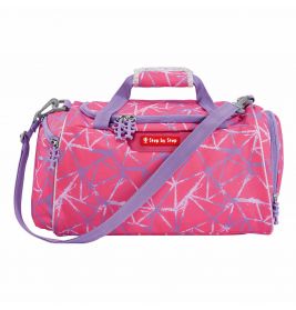 Pink-lila Duffelbag mit geometrischen Mustern und Schulterriemen.