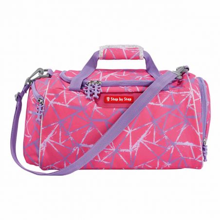Pink-lila Duffelbag mit geometrischen Mustern und Schulterriemen.