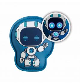 Cartoon-Roboter mit blau-weißem Design, leuchtenden blauen Augen und zwinkernder Hand.