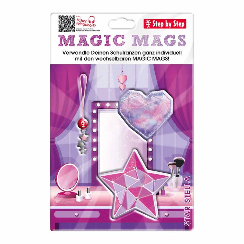 Magic Mags Set mit pinkem Stern, glänzendem Herz und Stern-Anhänger zum Gestalten von Schultaschen auf Vanitiy-Hintergrund.