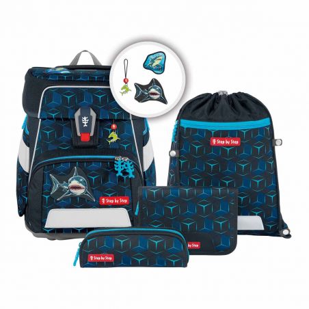 Blaues Schulrucksack-Set mit geometrischem Muster, Hai-Motiven, Federmäppchen und Turnbeutel.
