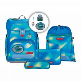 Blaues Schulranzen-Set mit Meeresmotiven: Rucksack, Etui, Geldbörse und Turnbeutel.