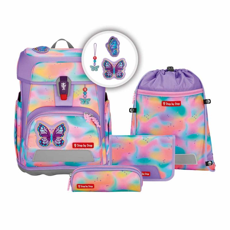 Buntes Schultaschenset mit Schmetterlingsmotiv, passenden Accessoires und pastellfarbenen Regenbogenmustern. Buntes Schultaschenset mit Schmetterlingsmotiv, passenden Accessoires und pastellfarbenen Regenbogenmustern.