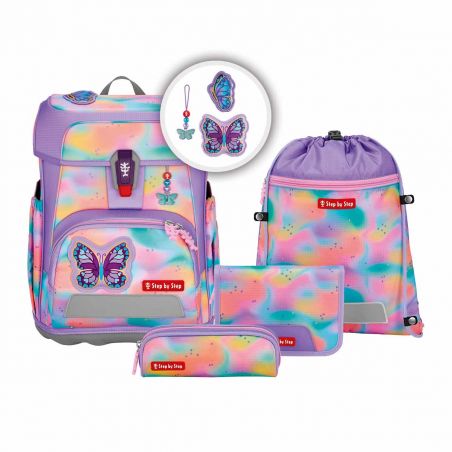 Buntes Schultaschenset mit Schmetterlingsmotiv, passenden Accessoires und pastellfarbenen Regenbogenmustern.