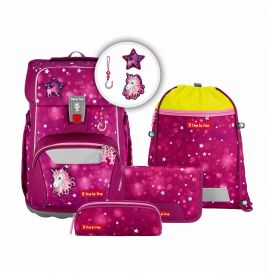 Rosa Schulranzen und Zubehör mit Einhorn- und Sternmotiv, darunter ein Rucksack und ein Federmäppchen.