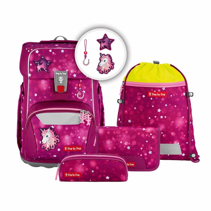 Rosa Schulranzen und Zubehör mit Einhorn- und Sternmotiv, darunter ein Rucksack und ein Federmäppchen. Rosa Schulranzen und Zubehör mit Einhorn- und Sternmotiv, darunter ein Rucksack und ein Federmäppchen.