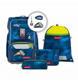 Blau-grünes Schulranzen-Set mit Weltraummotiven, passenden Taschen, Federmäppchen und Raumschiff-Designs.