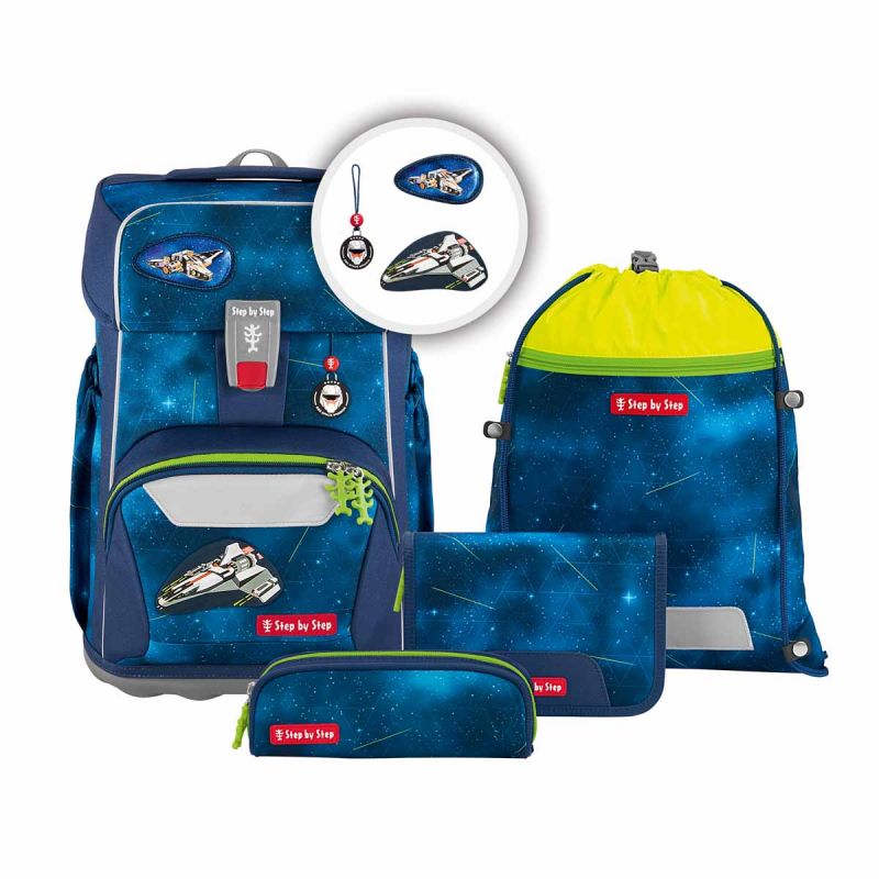 Blau-grünes Schulranzen-Set mit Weltraummotiven, passenden Taschen, Federmäppchen und Raumschiff-Designs.